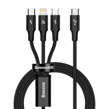 Кабел Baseus Rapid 3-in-1 USB 20W Cable (CAMLT-SC01), от USB-C(м) към USB-C/Lightning/microUSB(м), 1.5m, 15W, черен | JAR Computers Baseus Rapid 3-in-1 USB 20W Cable CAMLT-SC01