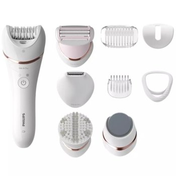 Епилатор Philips BRE740/10, работа на батерия, 2 скорости, до 40 минути време на работа, 9 принадлежности, бял/розов | JAR Computers Philips BRE740/10
