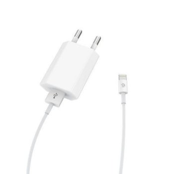 Зарядно устройство Devia 5221, от контакт към USB Type-A(ж), 2.1A, бяло, с включен Lightning кабел | JAR Computers Devia IT5221 220V USB + кабел iOS 2.1A бяло