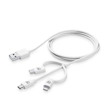 Кабел Cellular Line, от USB A(м) към USB micro B(м)/USB C(м)/Lightning(м), 1m, бял | JAR Computers Cellular Line 3 in 1 USB cable