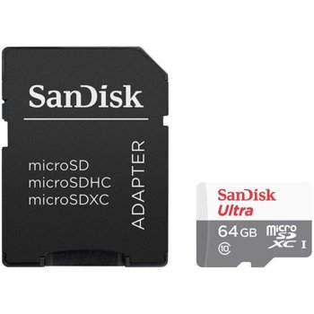 Карта памет 64GB SDXC с адаптер, SanDisk Ultra, UHS-I, скорост на четене 100MB/s | JAR Computers SanDisk SDSQUNR-064G-GN3MA