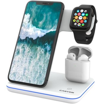Безжично зарядно Canyon WS-303 3in1, от USB C(ж) към безжично зареждане на iPhone, Apple Watch и Apple AirPods, бяла | JAR Computers Canyon CNS-WCS302W