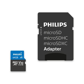 Карта памет 64GB microSDXC с адаптер, Philips FM64MP65B/00, UHS-I U3 V30, скорост на четене до 100MB/s, скорост на запис до 45MB/s | JAR Computers Philips FM64MP65B/00