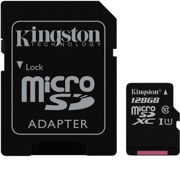 Карта памет 128GB MicroSDXC с адаптер, Kingston, Class 10 UHS-I, скорост на четене 100MB/s, скорост на запис 10 MB/s image
