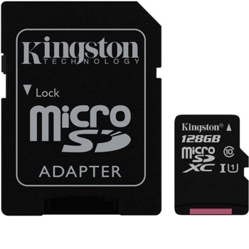 Карта памет 128GB MicroSDXC с адаптер, Kingston Canvas Select Plus, Class 10 UHS-I, скорост на четене 100MB/s, скорост на запис 10 MB/s | JAR Computers Kingston 128GB Canvas Select Plus MicroSDXC