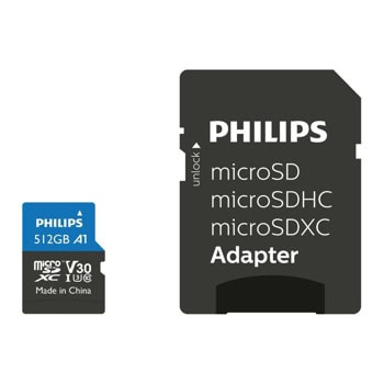 Карта памет 512GB microSDXC с адаптер, Philips FM51MP65B/00, UHS-I U3 V30, скорост на четене до 100MB/s, скорост на запис до 80MB/s | JAR Computers Philips FM51MP65B/00