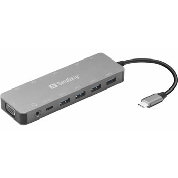 Докинг станция Sandberg USB-C 13-in-1 Travel Dock (136-45), от USB C към 1x USB C (PD), 1x USB C, 4x USB A, 2x HDMI, 1x VGA, 1x AUX, 1x RJ45, 1x SD/MicroSD четец, сива | JAR Computers Sandberg USB-C 13-in-1 Travel Dock 136-45