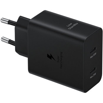 Зарядно устройство Samsung Power Adapter Duo (EP-T5020XBEGWW), от контакт към 2x USB-C(ж), 5V/3A, черно, 50W | JAR Computers Samsung 50W Power Adapter Duo EP-T5020XBEGWW