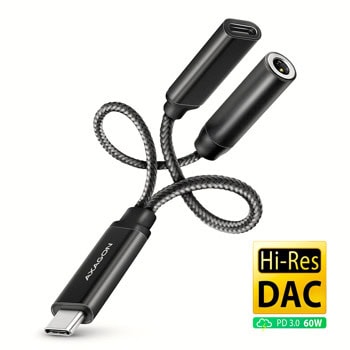 Кабел AXAGON ADA-HCPD, от USB-C(м) към USB-C(ж) / Jack 3.5mm(ж), 0.1m, 60W PD, 32-bit/384kHz DAC, черен | JAR Computers AXAGON ADA-HCPD