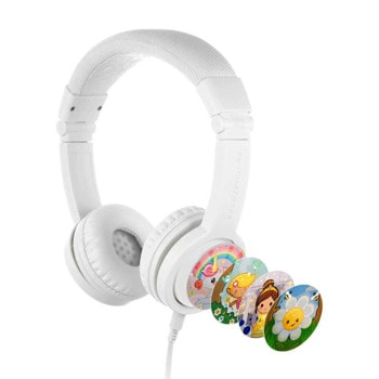 Слушалки BuddyPhones Explore+ White, микрофон, детски, AUX, декоративни стикери, сгъваем дизайн, бели | JAR Computers BuddyPhones EXPLORE+ White
