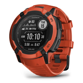 Смарт часовник Garmin Instinct 2X Solar Flame Red, 1.1" x 1.1" (2.7 x 2.7cm), MIP дисплей, до 60 часа време на работа в GPS режим, пулсомер, слънчево зареждане, GPS, фитнес режими, червен | JAR Computers Garmin Instinct 2X Solar Moss
