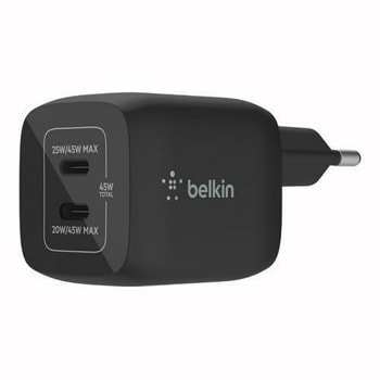 Зарядно Belkin BoostCharge, от контакт към 2x USB-C, черно, 45W, PD 3.0 | JAR Computers Зарядно Belkin BoostCharge 2x USB-C 45W