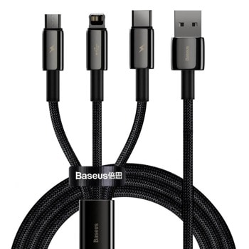 Кабел Baseus Tungsten 3-in-1 USB Cable (CAMLTWJ-01), от USB A(м) към Lightning(м), USB C(м), microUSB(м), 1.5m, 15W, черен | JAR Computers Baseus Tungsten 3-in-1 USB Cable CAMLTWJ-01