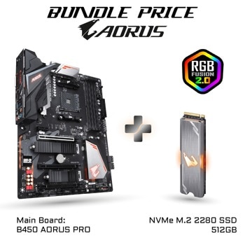 Дънна платка Gigabyte B450 AORUS PRO в комплект с SSD Aorus 512GB m.2, B450, АМ4, DDR4, PCI-E, (DVI-D&HDMI), CrossFire, 6x SATA 6Gb/s, 2x M.2 socket, 1x USB Type-C, 1x USB 3.1 Gen2, ATX | JAR Computers Gigabyte B450 AORUS PRO 1.0 & 512GB SSD