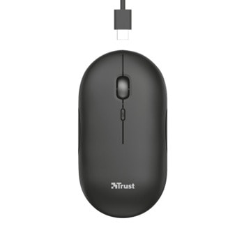 Мишка Trust Puck Black (24059), оптична (1600 dpi), безжична, Bluetooth, USB, черна, ултратънък дизайн image