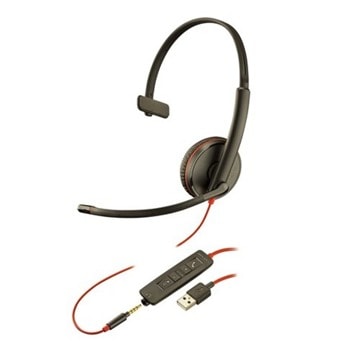 Слушалки Plantronics Blackwire C3215 USB-A (209746-201), моно слушалка, USB Type C, AUX, шумопотискащ микрофон, технология SoundGuard, черни | JAR Computers Plantronics Blackwire C3215 USB-A 209746-201
