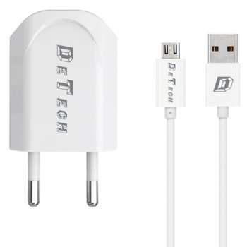 Зарядно устройство DeTech DE-11M от контакт към 1 x USB А(ж), 5V/1A, 220V, бяло,с кабел от USB A(м) към Micro USB(м), 1.0m image