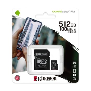Карта памет 512GB microSDHC с адаптер, Kingston Canvas Select Plus, Class 10 UHS-I, скорост на четене 100MB/s, скорост на запис 85 MB/s | JAR Computers Kingston SDCS2/512GB