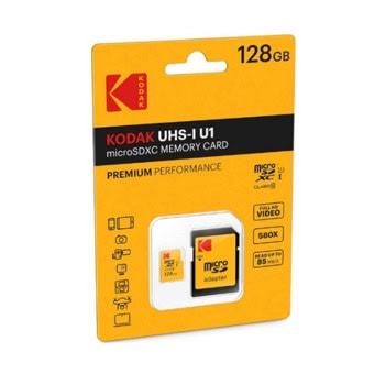 Карта памет 128GB SDXC с адаптер, Kodak EKMSDM128GXC10K, Class 10, V10, скорост на четене до 85MB/s | JAR Computers Kodak EKMSDM128GXC10K