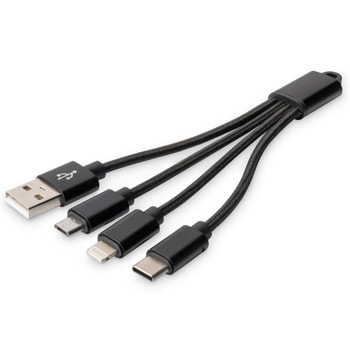 Кабел ASSMANN DB-300160-002-S, от USB A(м) към Lightning(м)/USB C(м)/microUSB(м), 0.15m, черен | JAR Computers ASSMANN DB-300160-002-S