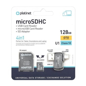 Карта памет 128GB microSD с адаптер + USB 2.0 + USB micro B OTG, Class 10, Platinet 4in1 (PMMSD128CR4) | JAR Computers Platinet PMMSD128CR4