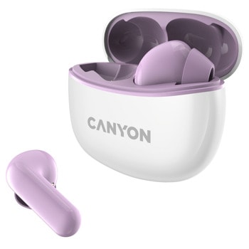 Слушалки Canyon TWS-5, безжични, Bluetooth 5.3, микрофон, до 7.5 часа време на работа, кутия за зареждане, IP33 защита, лилаво-бели | JAR Computers Canyon TWS-5 Purple CNS-TWS5PU