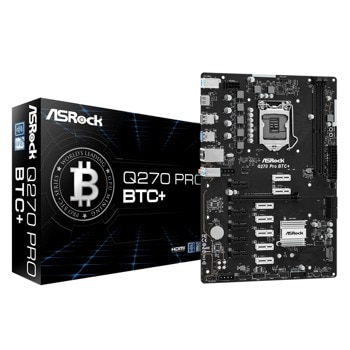 Дънна платка ASRock Q270 Pro BTC+, Q270, LGA 1151, DDR4, PCI-E 3.0, (HDMI), 4x SATA 6Gb/s, 1x M.2, 2x USB 3.2, ATX | JAR Computers ASRock Q270 Pro BTC+ 90-MXBHM0-A0UAYZ