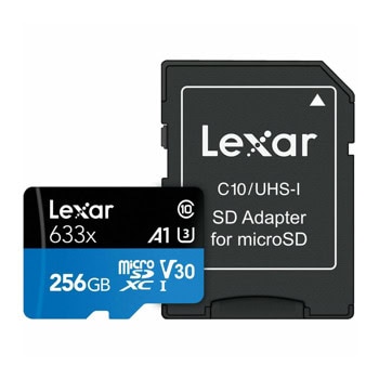 Карта памет 256GB microSDXC с адаптер, Lexar High-Performance 633x, Class 10 UHS-I, скорост на четене до 100MB/s, скорост на запис до 45MB/s | JAR Computers Lexar 256GB High-Performance 633x LSDMI256BB633A