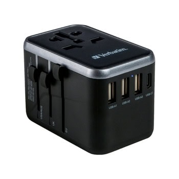 Адаптер Verbatim UTA-04, 1 гнездо, от EU/UK/US/Japan/AUS към EU/UK/US/Japan/AUS, 3x USB-A, 2x USB-C, черен | JAR Computers Адаптер Verbatim UTA-04 49546