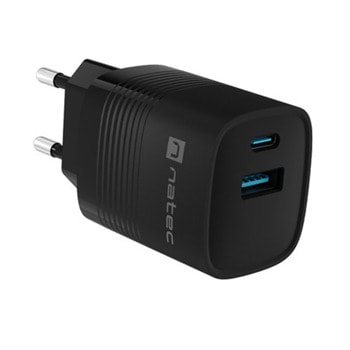 Зарядно устройство Natec Ribera GaN (NUC-2141), от контакт към 1x USB-A(ж), 1x USB-C(ж), 5V/3A, черно, PD 3.0, 30W | JAR Computers Зарядно устройство Natec Ribera GaN NUC-2141