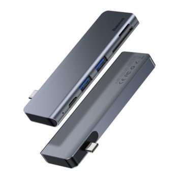 USB Хъб Baseus Harmonica 38179, 4 порта, от USB Type-C към 2x USB 3.0 Type-A/1x USB 3.0 Type-C, MicroSD/SD слот, 5000 Mbit/s, тъмносив | JAR Computers CAHUB-K0G