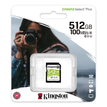 Карта памет 512GB SDHC, Kingston Canvas Select Plus, Class 10 UHS-I, скорост на четене 100MB/s, скорост на запис 85MB/s | JAR Computers Kingston SDS2/512GB