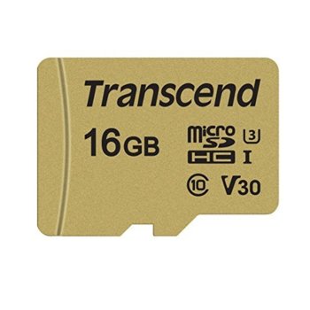 Карта памет 16GB microSDHC, с SD адаптер, Transcend 500S, Class 10 UHS-I U3, скорост на четене 95MB/s, скорост на запис 60MB/s | JAR Computers 16 GB microSD Transcend TS16GUSD500S