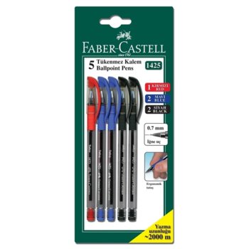 Химикалки Faber Castell 1425 Fine, 0.7 mm дебелина на писане, различни цветове на писане, прозрачни, 5 броя | JAR Computers Faber-Castell 1425 Fine асорти 5 броя