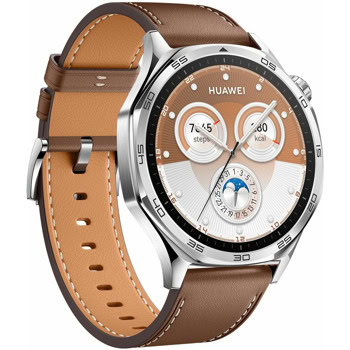 Смарт часовник Huawei Watch GT5 46мм Vili-B19L (Brown Leather), 1.43" (3.63cm) AMOLED дисплей, Bluetooth, GPS, оптичен сензор за пулс, до 14 дни време на работа, 5ATM, кафява композитна кожена каишка | JAR Computers Huawei Watch GT5 Vili-B19L Brown Leather