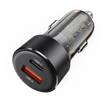 Зарядно устройство Acefast B12, за кола, от автомобилна запалка към 1x USB-C(ж), 1x USB-A(ж), прозрачно, 60W, QC3.0 | JAR Computers Acefast B12 Black