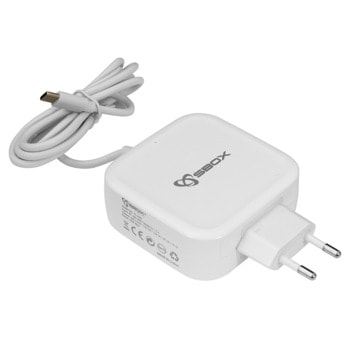 Зарядно устройство SBOX TC-65W, от контакт към USB C(м), 20V/3.25A ; 15V/3A ; 12V/3A ; 9V/3A ; 5V/3A, бяло, 65W | JAR Computers SBOX TC-65W