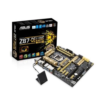 Дънна платка Asus Z87-DELUXE, Z87, LGA1150, DDR3, 2xPCI-E 3.0 (CF/SLi) (HDMI & DisplayPort), DTS Connect SB7.1, DualBand WiFi 802.11n, Bluetooth, 2xLan1000, 6xSATA 6Gb/s RAID 0,1,5,10, 6xUSB3.0, ATX | JAR Computers Asus Z87-DELUXE