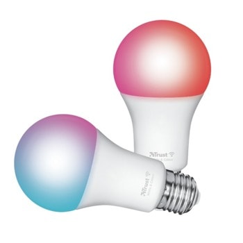 LED смарт крушки Trust Smart WiFi RGB LED Bulb, E27, Wi-Fi, съвместима с Android/iOS, 2 бр. | JAR Computers TRUST Smart WiFi RGB LED Bulb E27 Duo Pack