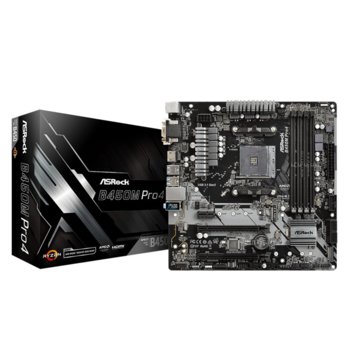 Дънна платка AsRock B450M Pro4, B450, АМ4, DDR4, PCI-E, (DVI-D&HDMI&VGA), CFX, 4x SATA 6Gb/s, 2x M.2 socket, 2x USB 3.1 Gen 2 Type C, Micro ATX | JAR Computers AsRock B450M Pro4