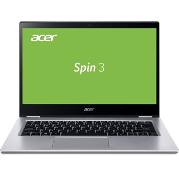 Лаптоп Acer Spin 3 SP314-21 (NX.A4FEX.006)(сребрист), двуядрен AMD Athlon Silver 3050U 2.3/3.2GHz, 14.0" (35.56 cm) Full HD IPS Touchscreen Anti-Glare Display, (HDMI), 8GB DDR4, 256GB SSD, 1 USB Type-C, Windows 10 Home | JAR Computers Acer Spin 3 SP314-21 NX.A4FEX.006