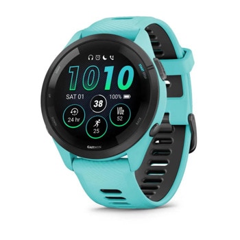 Смарт часовник Garmin Forerunner 265 Aqua Black, 32.5mm (1.3"), Bluetooth, Wi-Fi, до 13 дни време за работа, множество фитнес функции, профили за бягане, 8GB Flash памет, син корпус с черно-синя каишка | JAR Computers смарт часовник Garmin Forerunner 265 Aqua Black