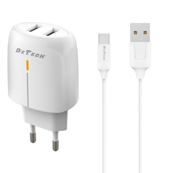 Зарядно устройство DeTech DE-32QCC, от контакт към 2x USB-A(ж), 18W, бяло, кабел от USB-A(м) към USB-C(м) | JAR Computers Зарядно устройство DeTech DE-32QCC 40327