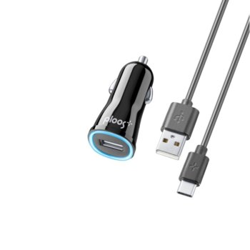 Зарядно за кола Ploos 6538 с включен USB Type-C кабел, от авт. запалка към USB A(ж), 12V, 18W, черно | JAR Computers Зарядно за кола 12V с Type-C кабел 18W QC3 Черно