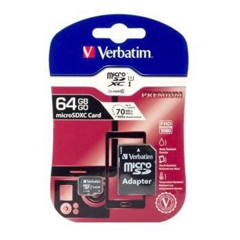 Карта памет 64GB microSDHC с адаптер, Verbatim, Class 10 UHS-I, скорост на четене 10MB/s, скорост на запис 10MB/s | JAR Computers Verbatim 64GB microSDHC