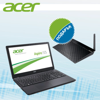 Лаптоп 15.6" (39.62 cm) Acer Aspire E5-571G-330Q в комплект с рутер ASUS RT-N10E, дву-ядрен Intel® Core™ i3 4005U 1.7 GHz, HD LED Display & GeForce GT 820M 2GB (HDMI), 6GB, 1TB, USB3.0, Windows 8.1, 2.5kg, 2г. гаранция | JAR Computers Acer Aspire E5-571G-330Q ASUS RT-N10E bundle