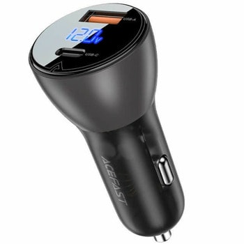 Зарядно за кола Acefast B6 Dual Car Charger 63W, от автомобилна запалка към 1x USB-A/1x USB-C(ж), 20V/2.25A, 63W, черно, LED дисплей | JAR Computers Acefast B6 Dual Car Charger 63W