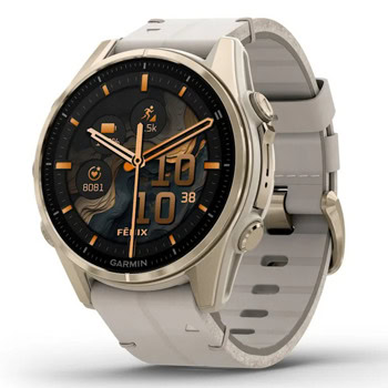 Смарт часовник Garmin fenix 8 43mm (Limestone), 1.3" (3.3cm) AMOLED дисплей, Bluetooth, ANT+, Wi-Fi, GPS, 32GB Flash памет, мониторинг на съня, следене на сърдечния ритъм, 10ATM, до 10 дни време на работа, Sapphire/Soft Gold, бежов | JAR Computers Garmin fenix 8 43mm Sapphire/Soft Gold 010-02903-4