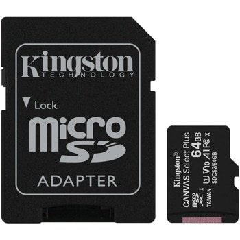 Карта памет 64GB MicroSDXC с адаптер, Kingston Canvas Select Plus, Class 10 UHS-I, скорост на четене 100MB/s | JAR Computers Kingston Canvas Select Plus 64GB MicroSDXC адаптер