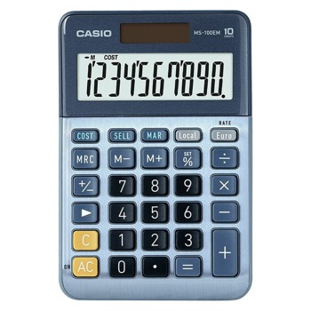 Калкулатор Casio MS-100EM, 10-цифрен LCD дисплей, настолен, бутон за бърза корекция, онвертиране на валута, изчисляване на %, син | JAR Computers CASIO MS-100EM